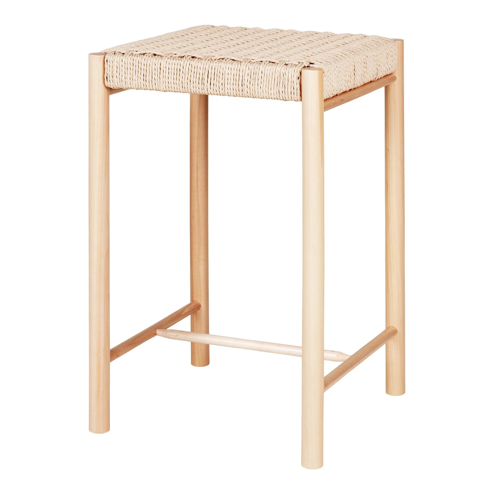 Tabouret en bois et rotin naturel avec assise tissée pour une décoration chic