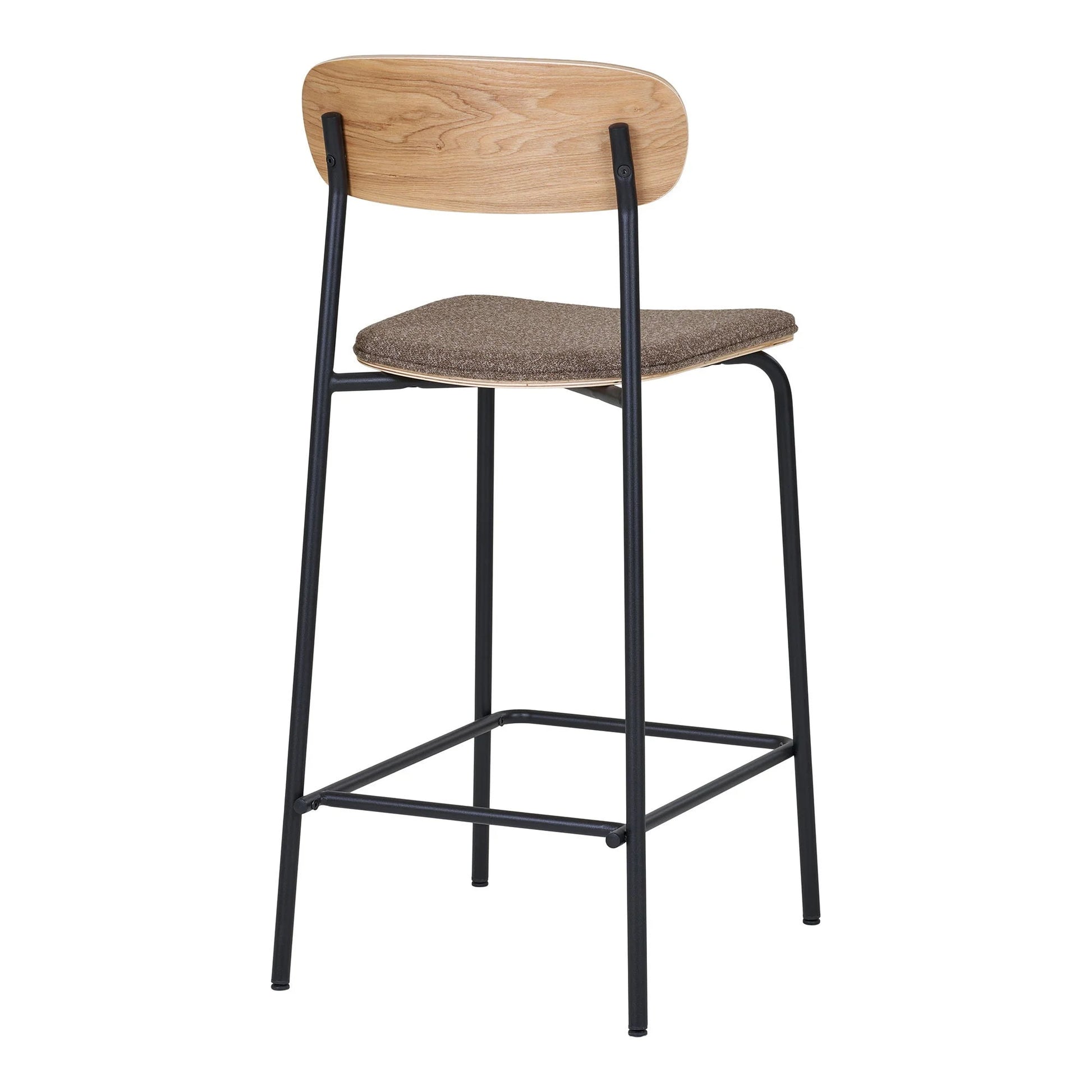 Chaise de comptoir en bois et tissu marron avec pieds en métal noir, lot de 2