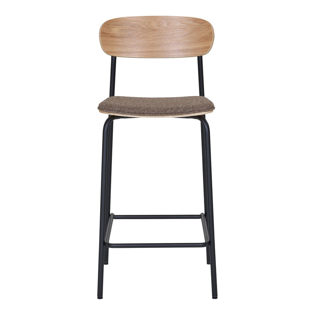 Tabouret de bar moderne en bois clair, tissu marron et métal noir - lot de 2