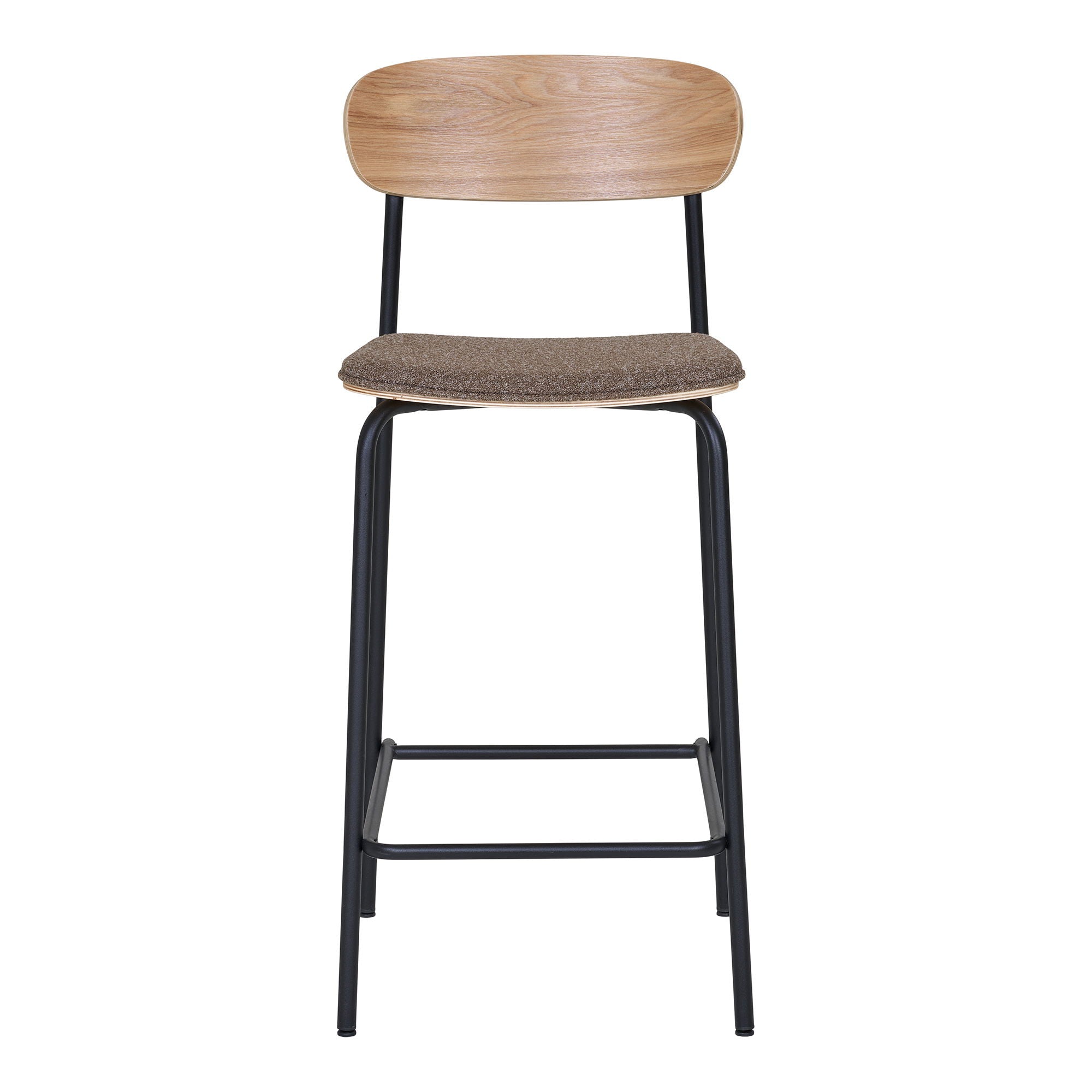 Tabouret de bar moderne en bois clair, tissu marron et métal noir - lot de 2