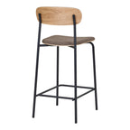 Tabouret de bar moderne en bois clair, siège marron tissu, pieds métal noir - lot de 2
