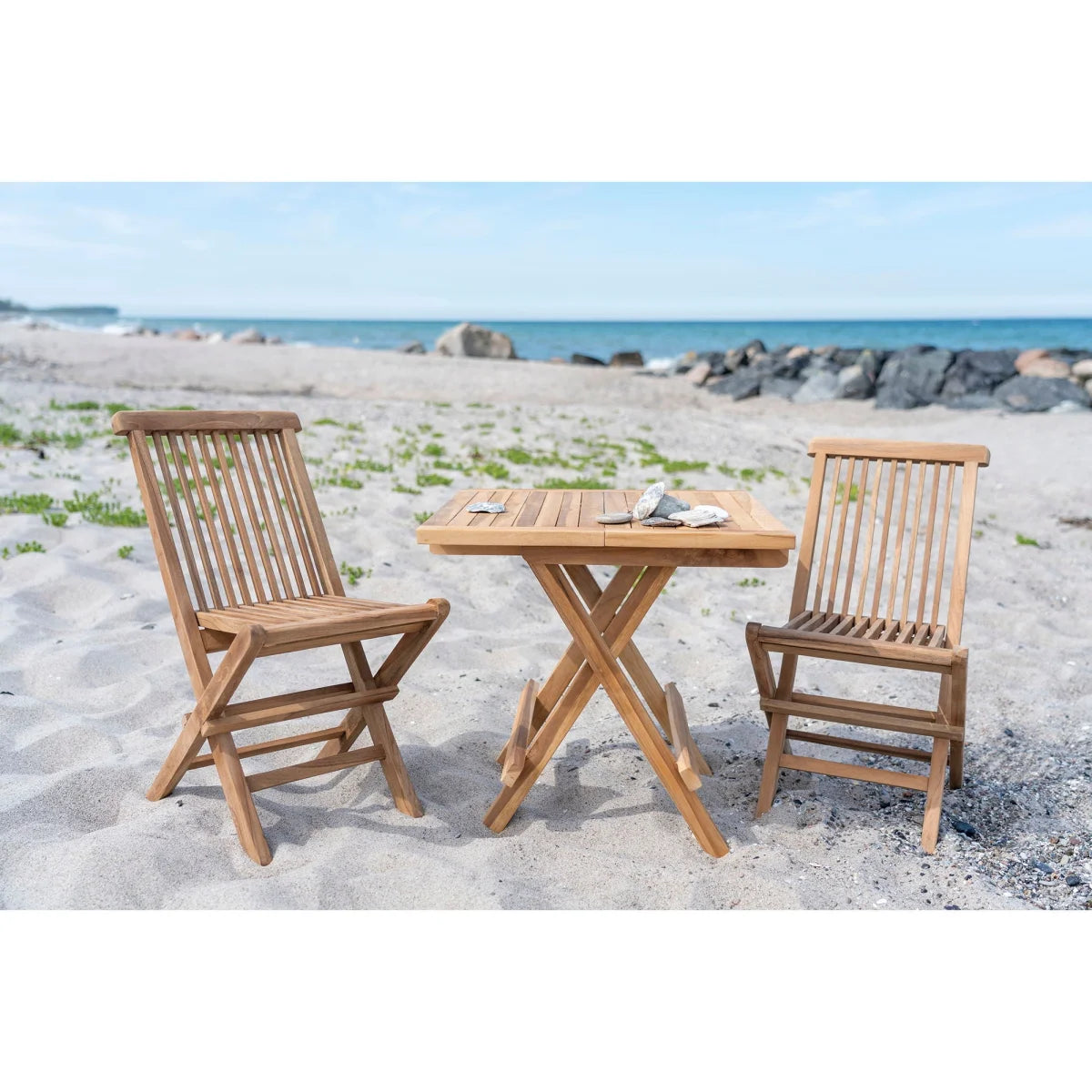 Table pliante en teck naturel à lattes avec 2 chaises pliables