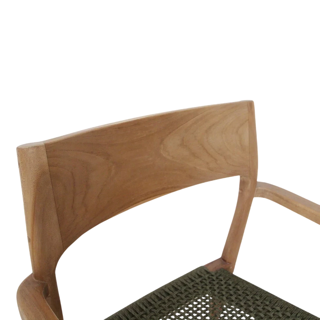 Chaise de jardin en teck clair et corde verte avec accoudoirs, lot de 2