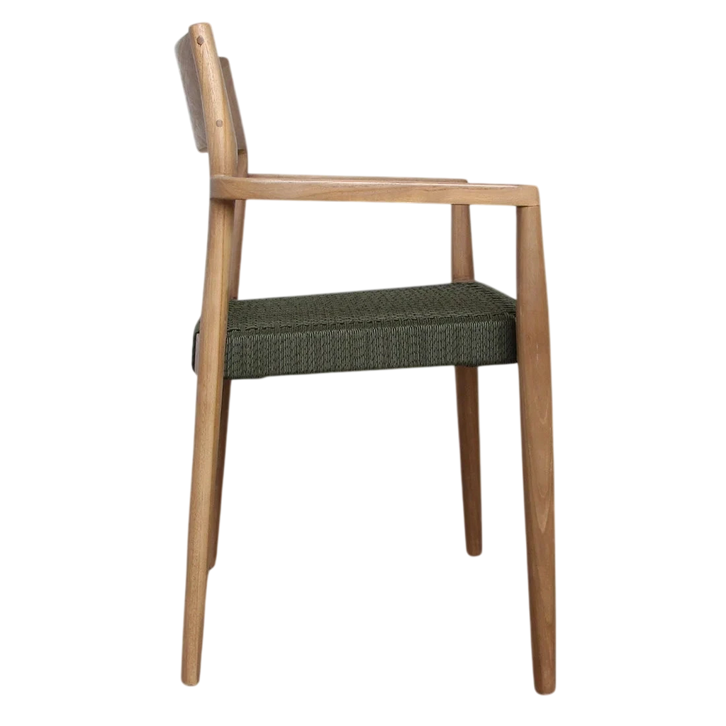 Lot de 2 chaises de jardin en teck foncé et corde verte avec accoudoirs