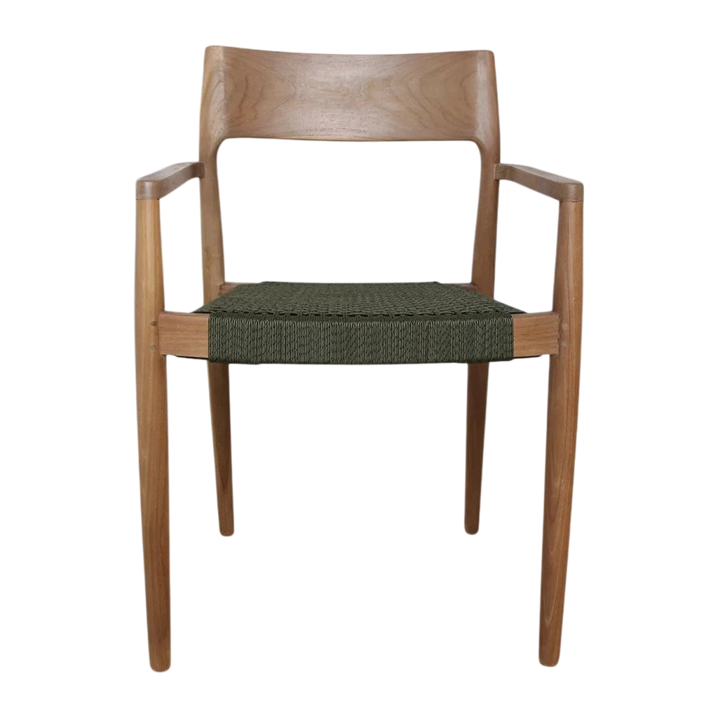 Chaise de jardin en teck foncé et corde verte avec accoudoirs, lot de 2