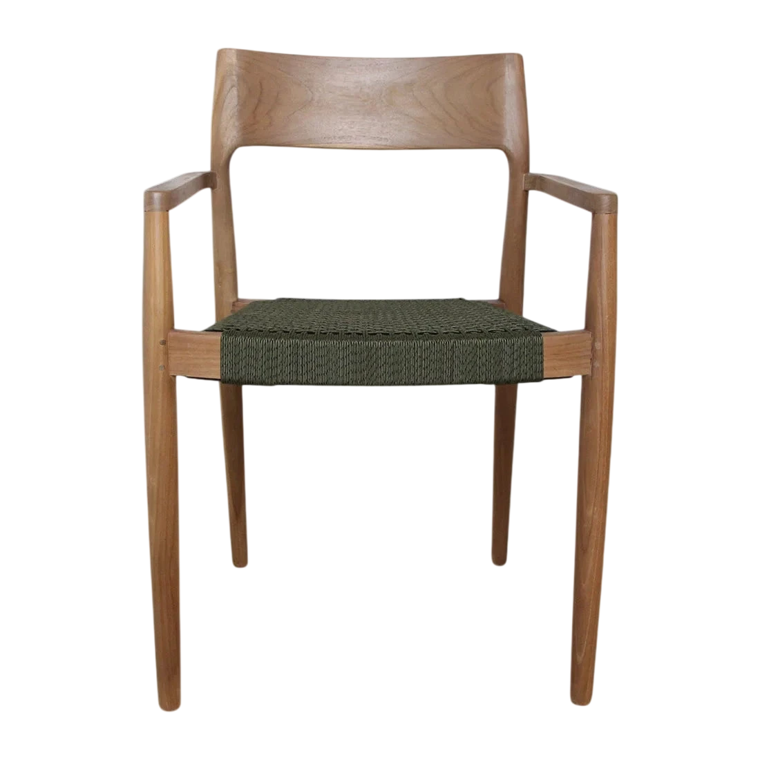 Chaise de jardin en teck foncé et corde verte avec accoudoirs, lot de 2