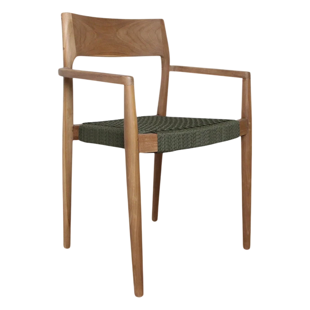 Chaise de jardin en teck foncé et corde verte avec accoudoirs, lot de 2