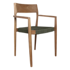 Chaise de jardin en teck foncé et corde verte avec accoudoirs, lot de 2