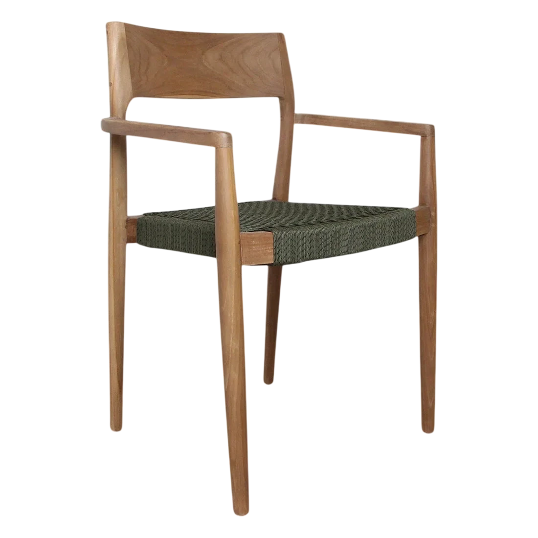 Chaise de jardin en teck foncé et corde verte avec accoudoirs, lot de 2