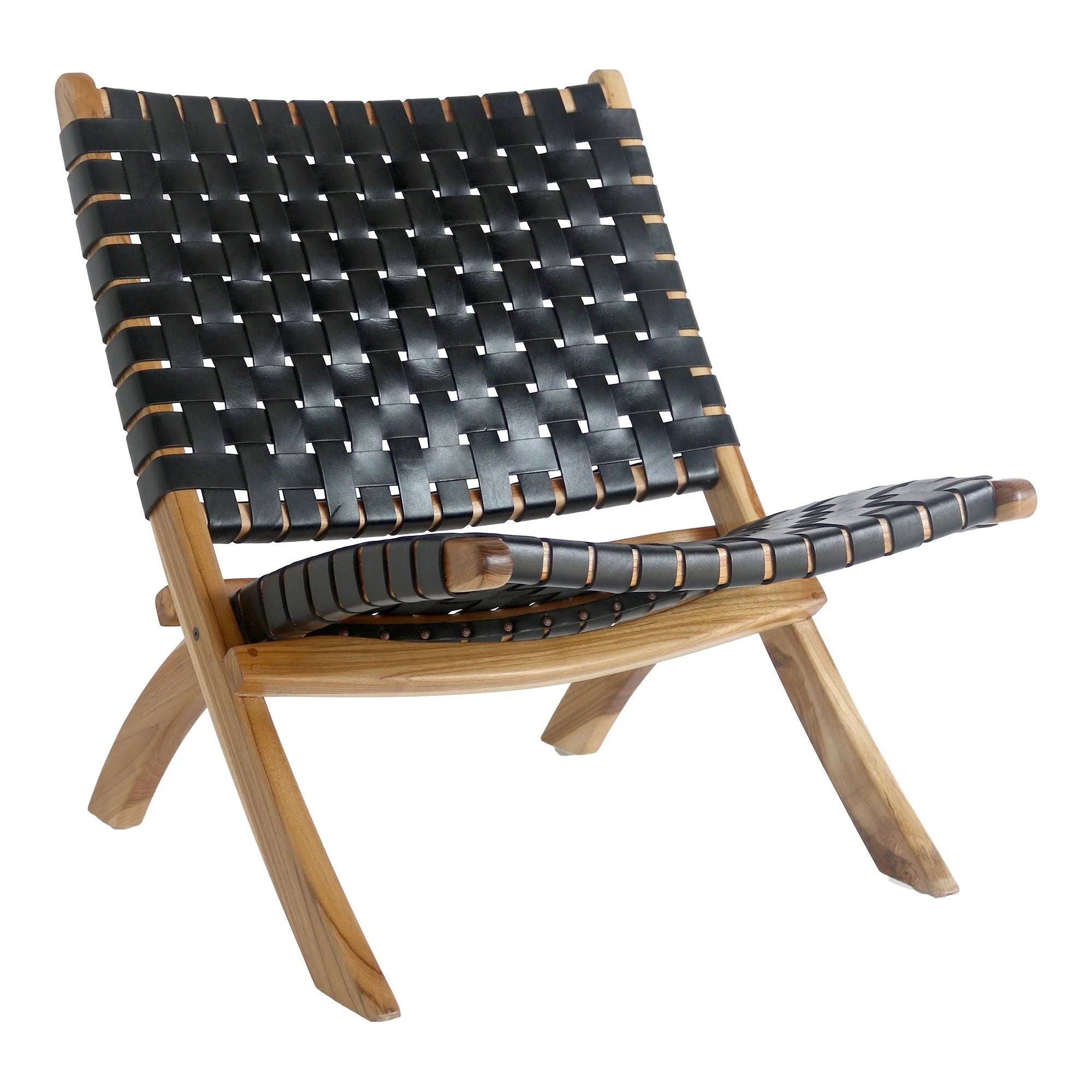 Chaise lounge en cuir noir tressé avec cadre en bois de teck naturel