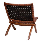 Chaise pliante en cuir tressé marron et structure en bois de teck