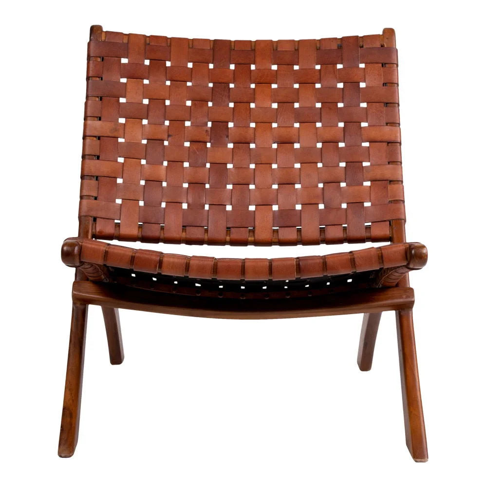 Chaise pliante en cuir tressé marron avec structure en bois de teck