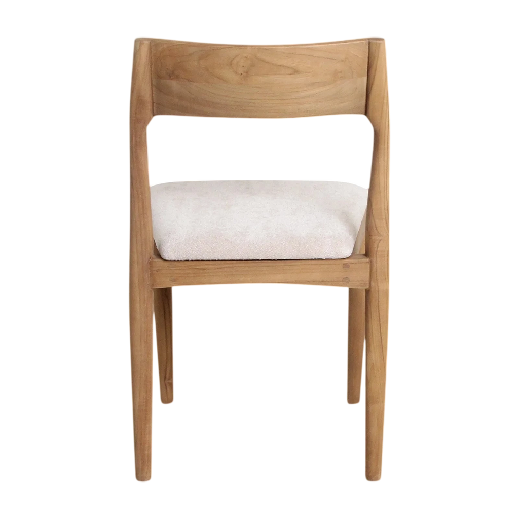 Chaise de salle à manger en bois de teck clair avec siège en tissu blanc ajouré