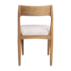 Chaise de salle à manger en bois de teck clair avec siège en tissu blanc ajouré