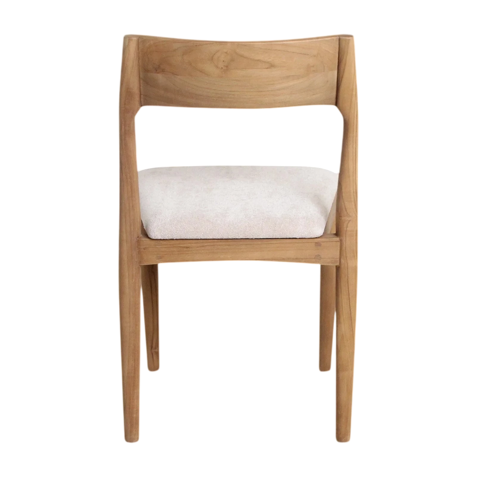 Chaise de salle à manger en bois de teck clair avec siège en tissu blanc ajouré