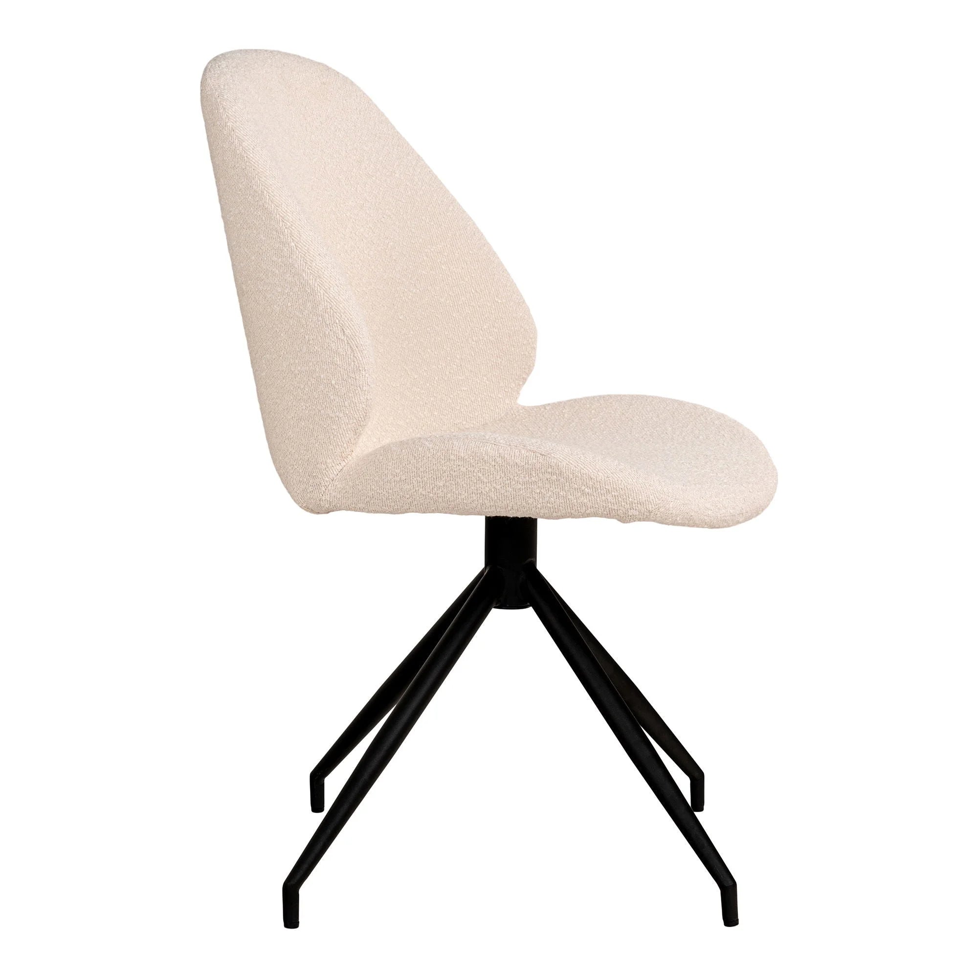 Chaise de salle à manger bouclée blanche avec pieds noirs et base pivotante en métal
