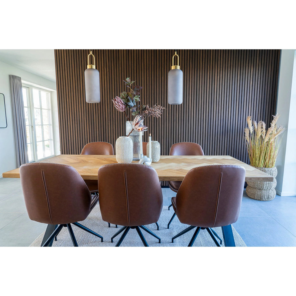 Lot de 2 chaises de salle à manger en cuir cognac effet, dossier arrondi, pieds métal noir