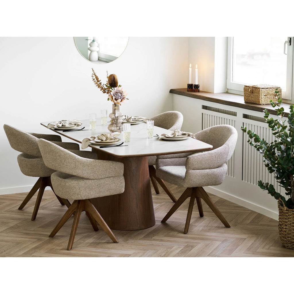 Table à manger moderne pivotante en tissu sable et bois chêne avec accoudoirs