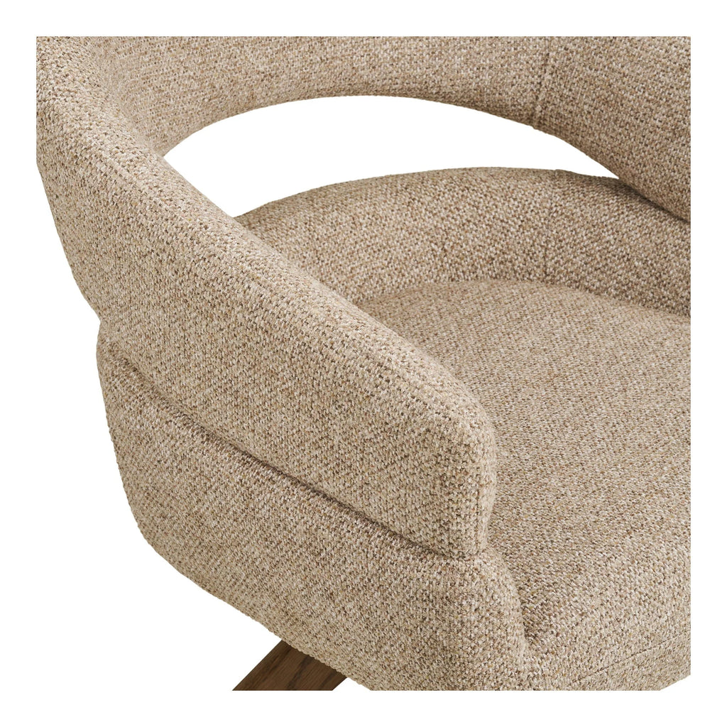 Chaise pivotante tissu sable beige texturé, bois chêne, accoudoirs