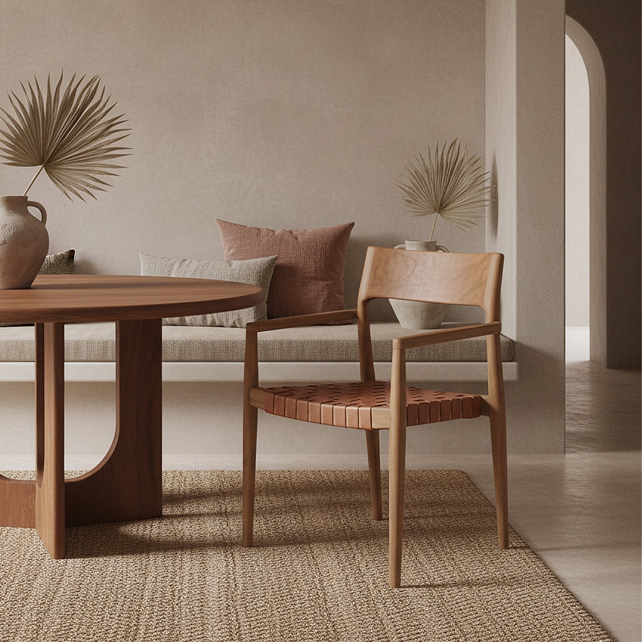 Chaise de salle à manger en teck et cuir tressé naturel avec accoudoirs, lot de 2