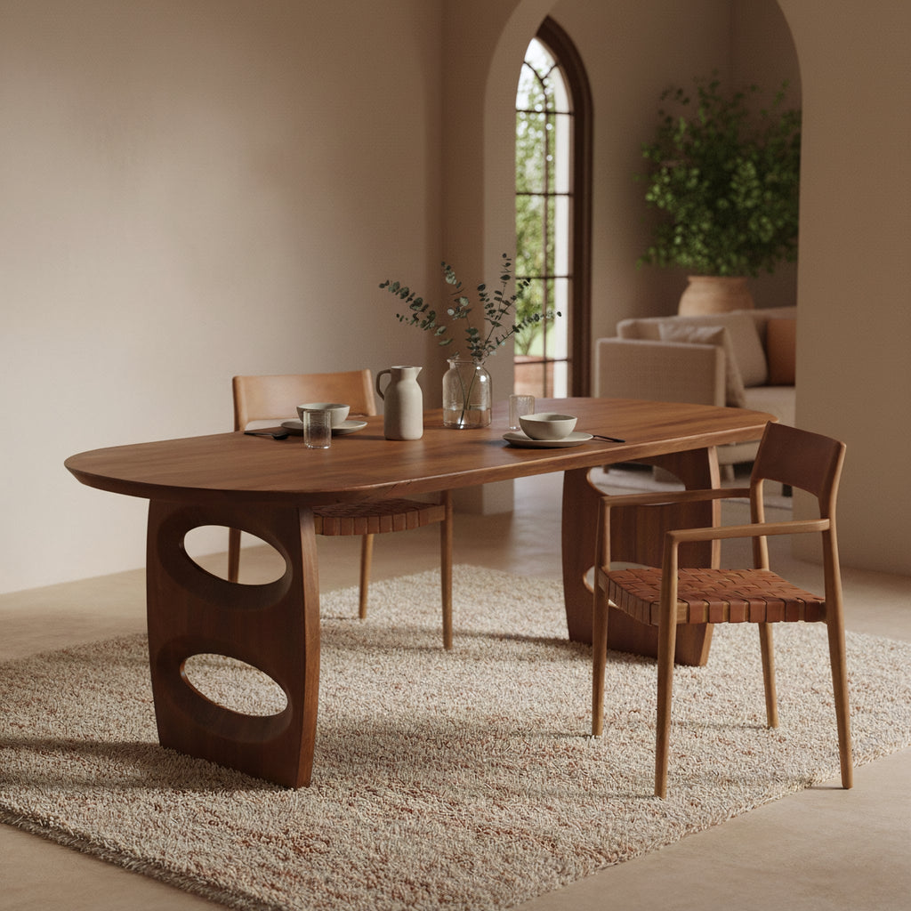 Table basse ovale en teck brun avec découpes circulaires aux pieds