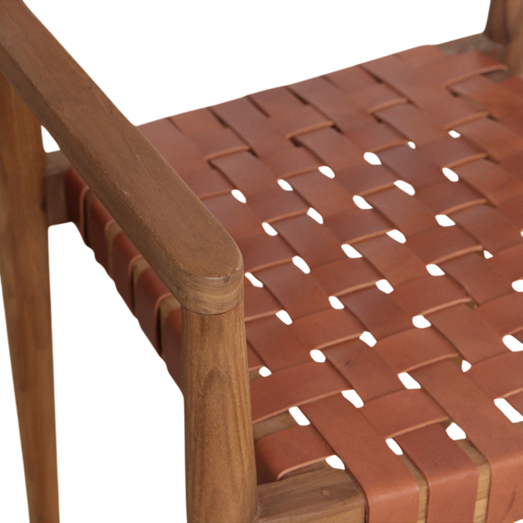 Chaise de salle à manger en teck et cuir tressé naturel avec accoudoirs, lot de 2