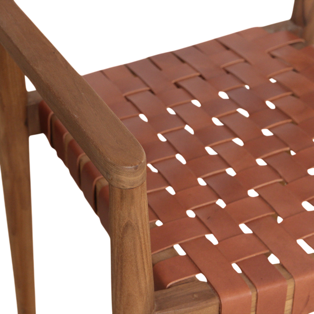 Chaise de salle à manger en teck et cuir tressé naturel avec accoudoirs, lot de 2