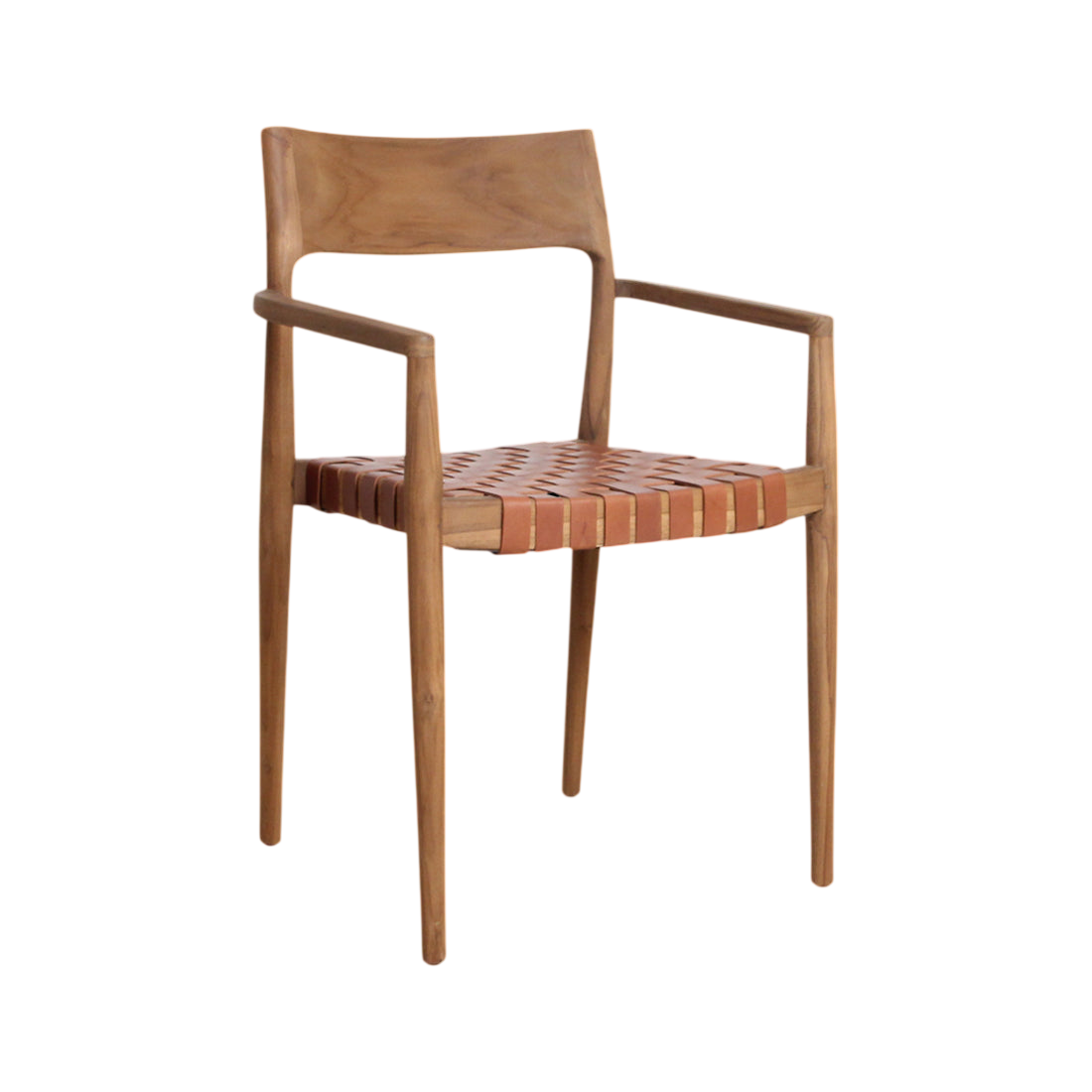 Paire de chaises de salle à manger en teck clair et cuir tressé naturel avec accoudoirs