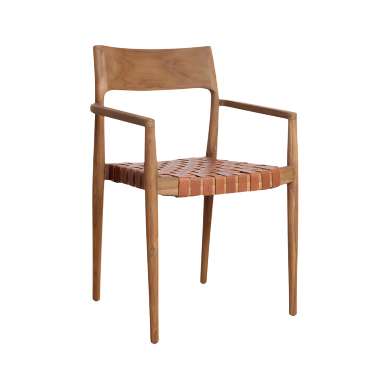 Chaise de salle à manger en teck et cuir tressé naturel avec accoudoirs – Lot de 2