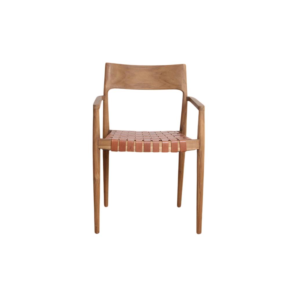 Chaise de salle à manger en teck et cuir tressé, lot de 2 avec accoudoirs