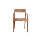 Chaise de salle à manger en teck et cuir tressé, lot de 2 avec accoudoirs