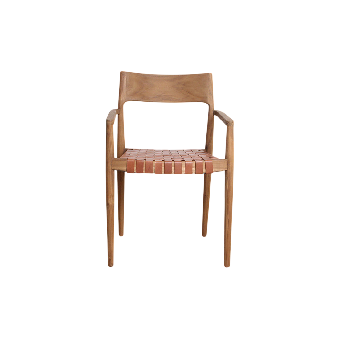 Chaise de salle à manger en teck et cuir tressé, lot de 2 avec accoudoirs