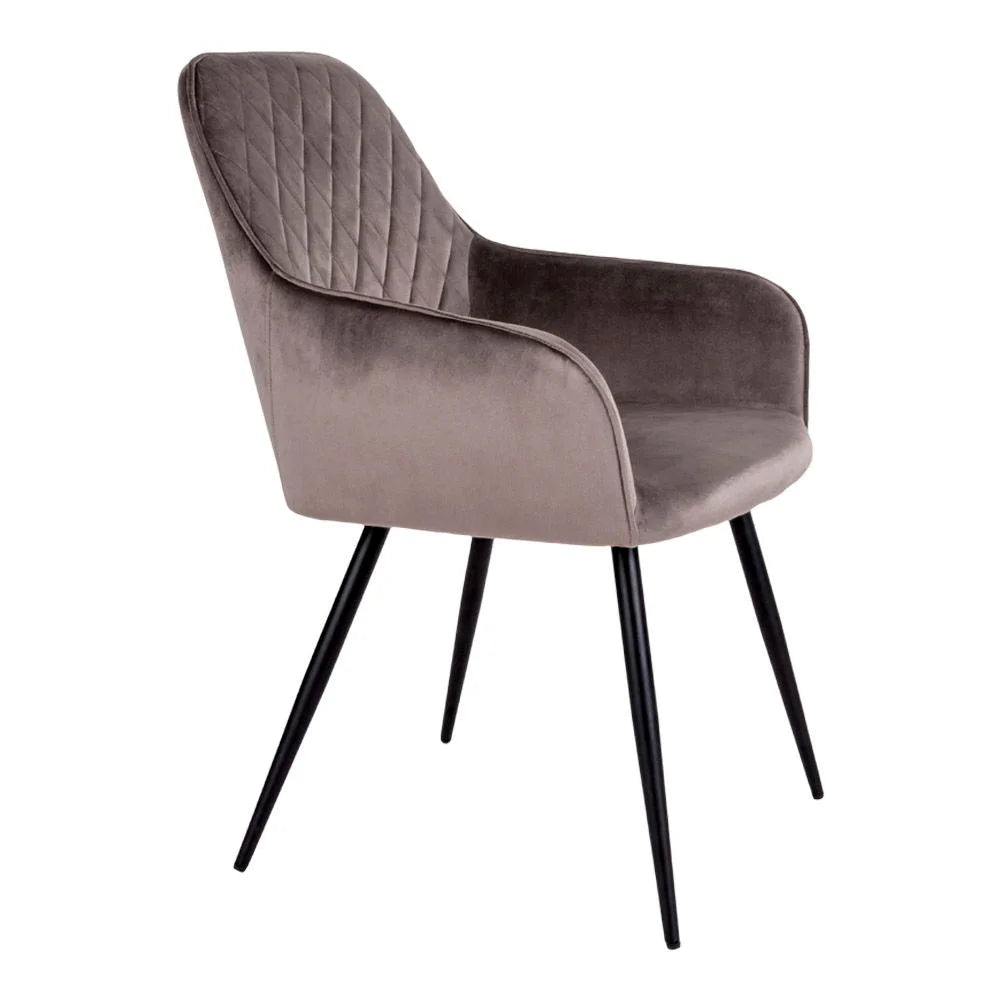 Fauteuil rembourré en velours taupe avec pieds en métal noir pour salle à manger