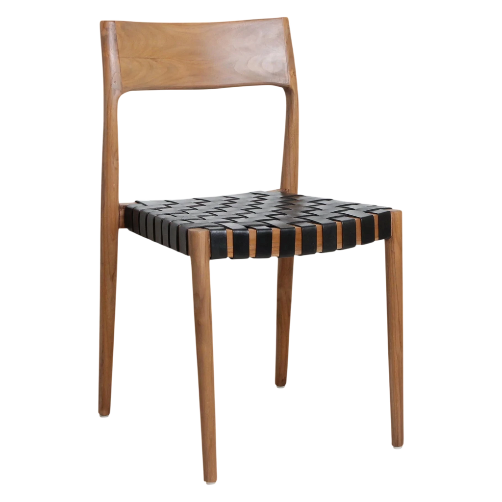 Chaise en teck élégante avec assise tressée cuir noir et tan, lot de 2