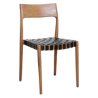 Chaise en teck élégante avec assise tressée cuir noir et tan, lot de 2