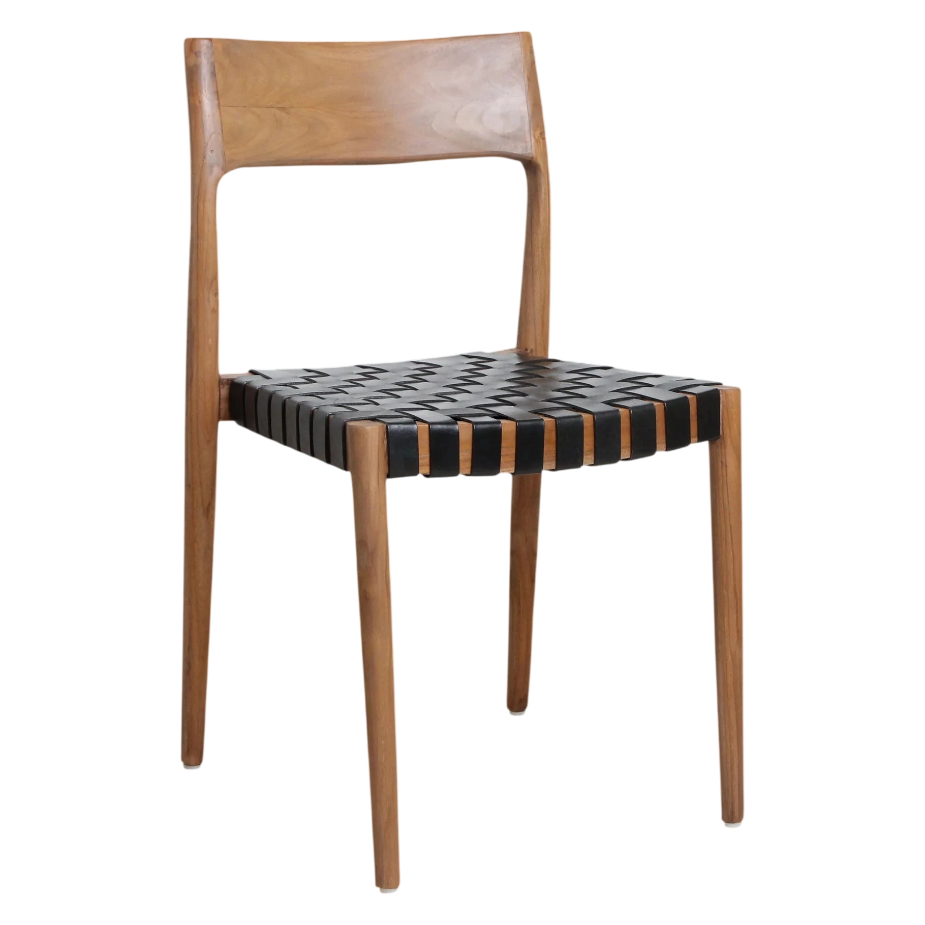 Chaise en teck élégante avec assise tressée cuir noir et tan, lot de 2