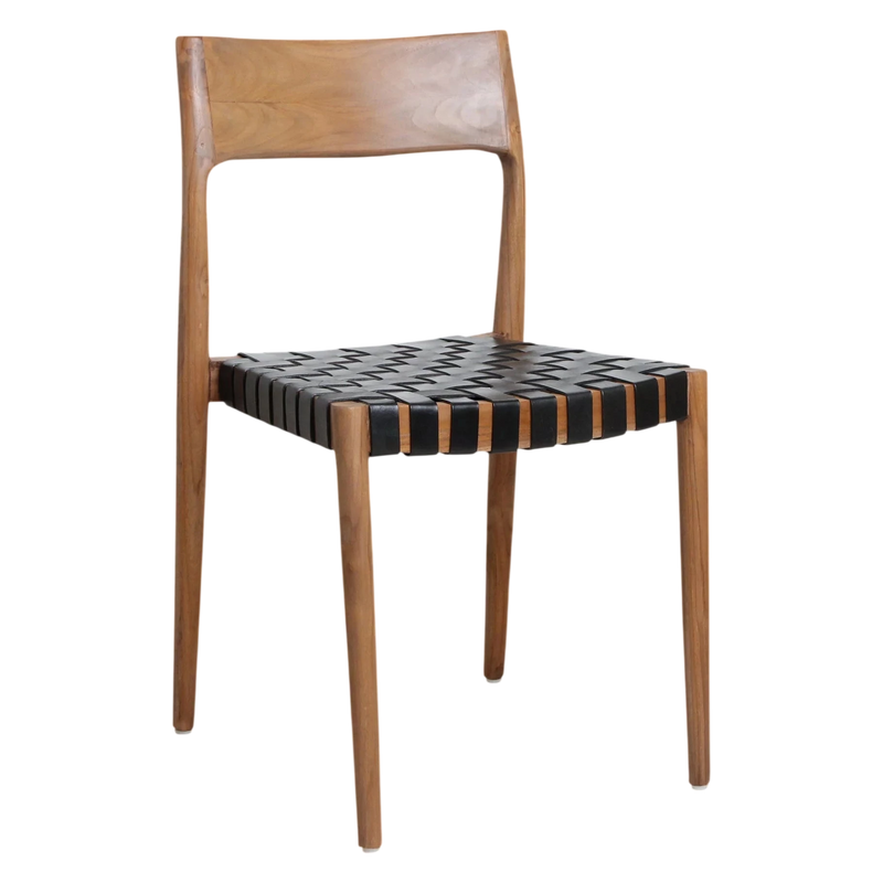 Chaise en teck avec assise tressée cuir noir pour salle à manger – Lot de 2