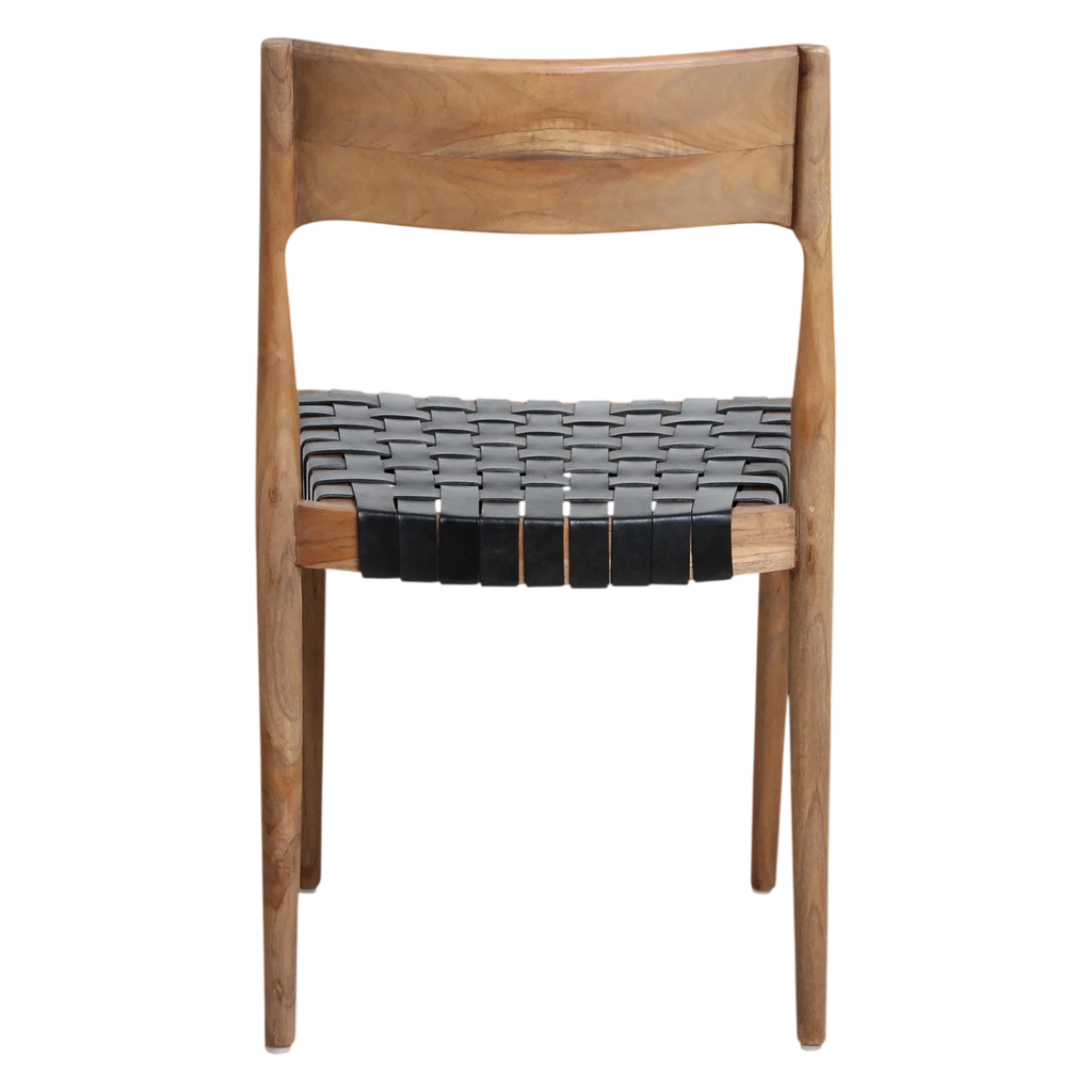 Chaise en teck avec assise tressée en cuir noir, lot de 2