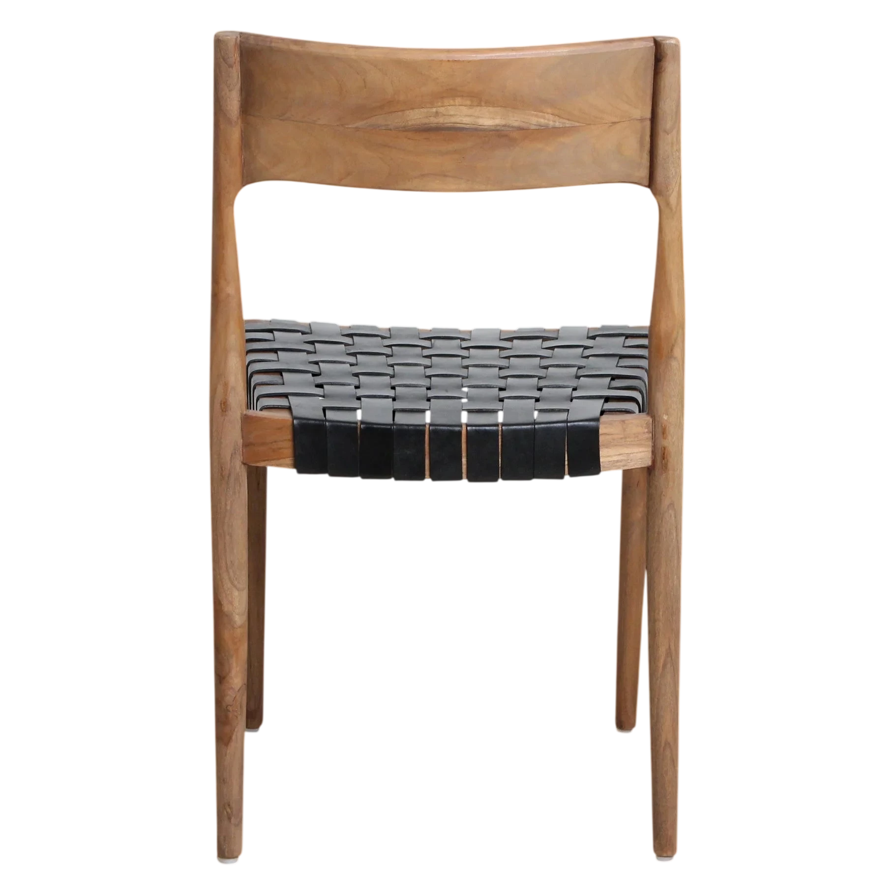 Chaise en teck avec assise tressée en cuir noir, lot de 2