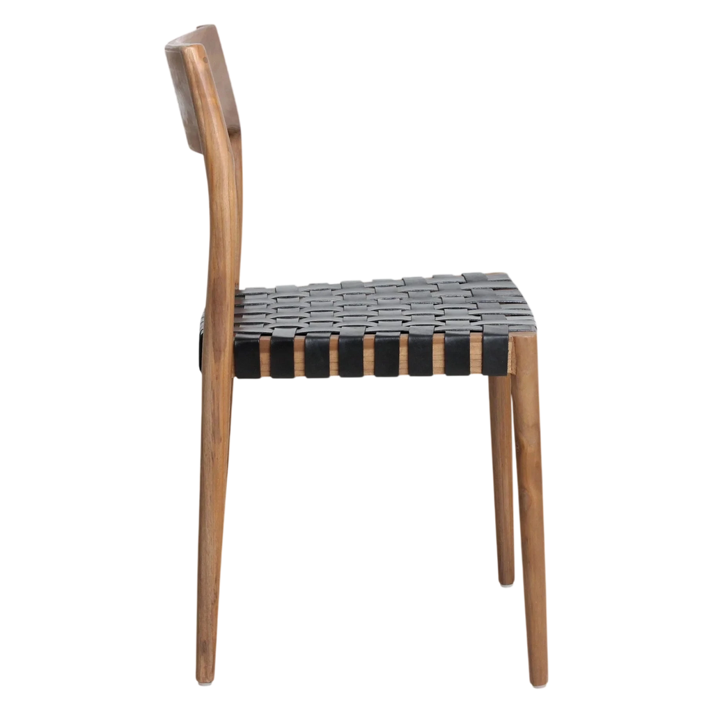 Chaise en teck avec assise tressée en cuir noir, lot de 2