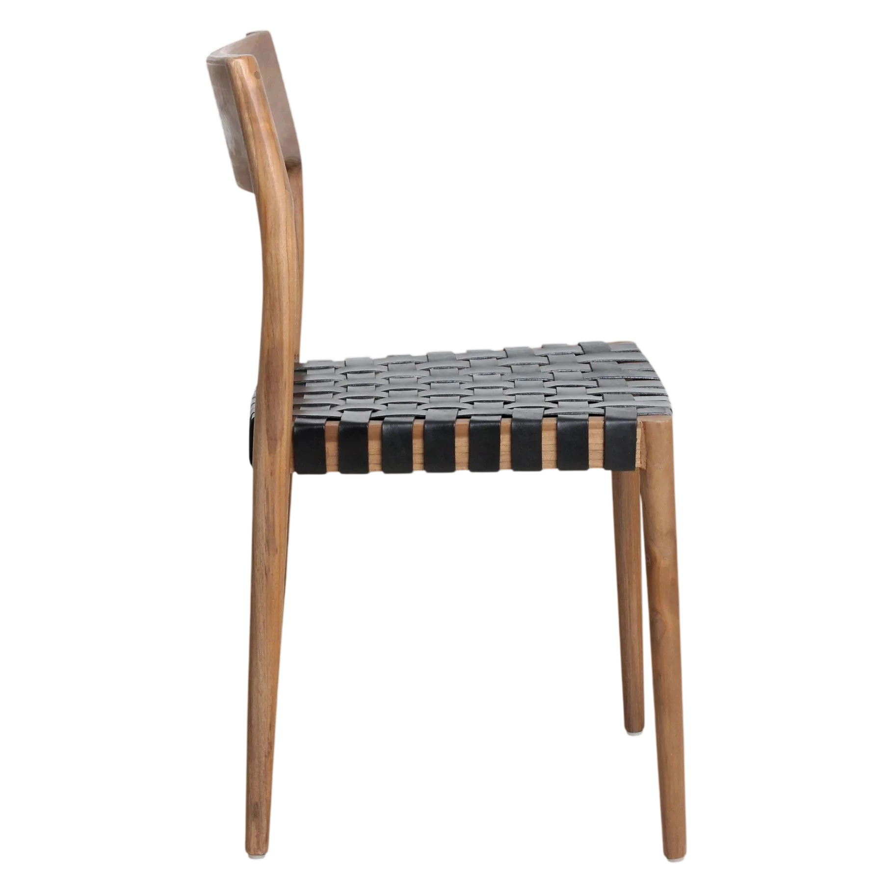 Chaise en teck avec assise tressée en cuir noir, lot de 2