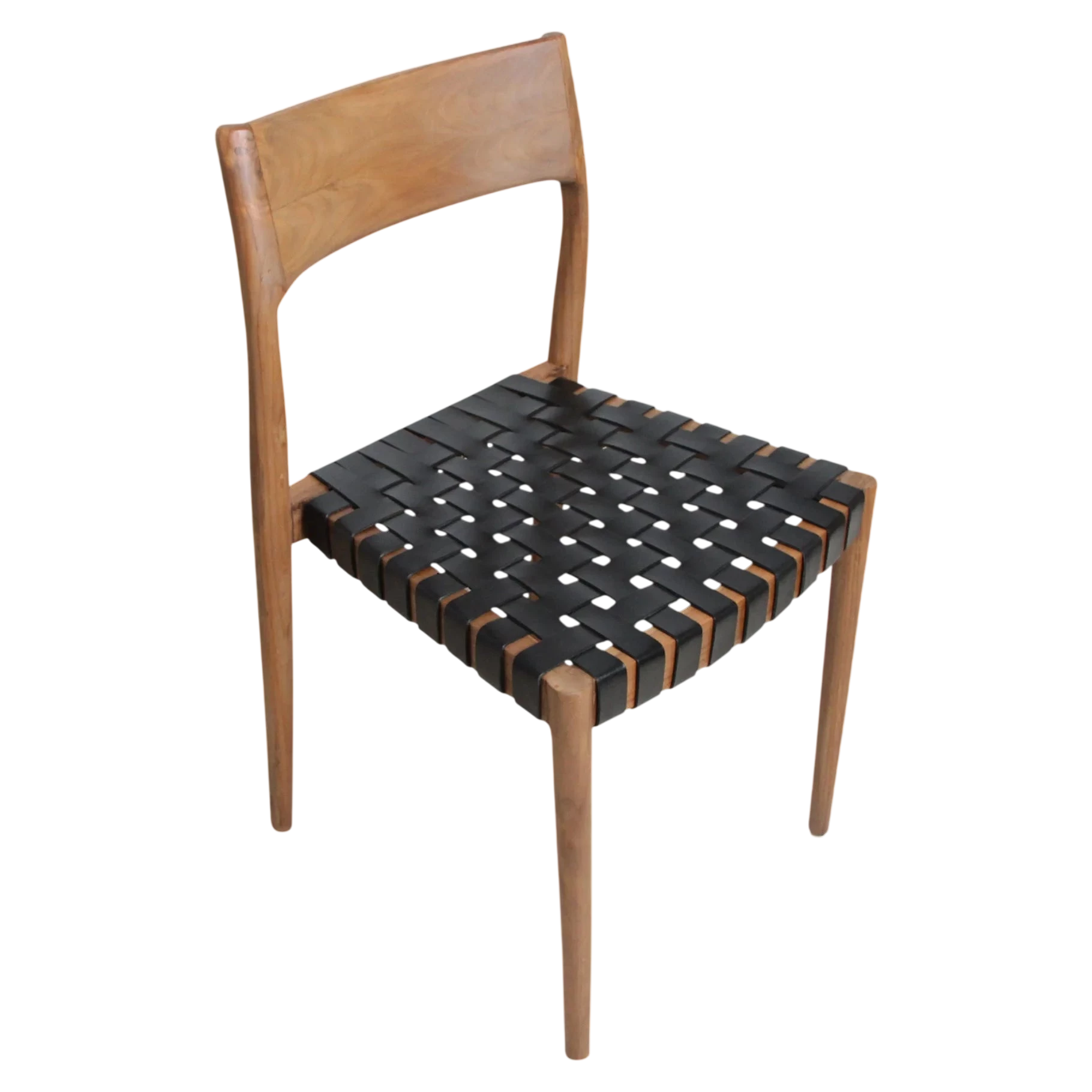 Chaise en teck avec assise tressée en cuir noir pour salle à manger
