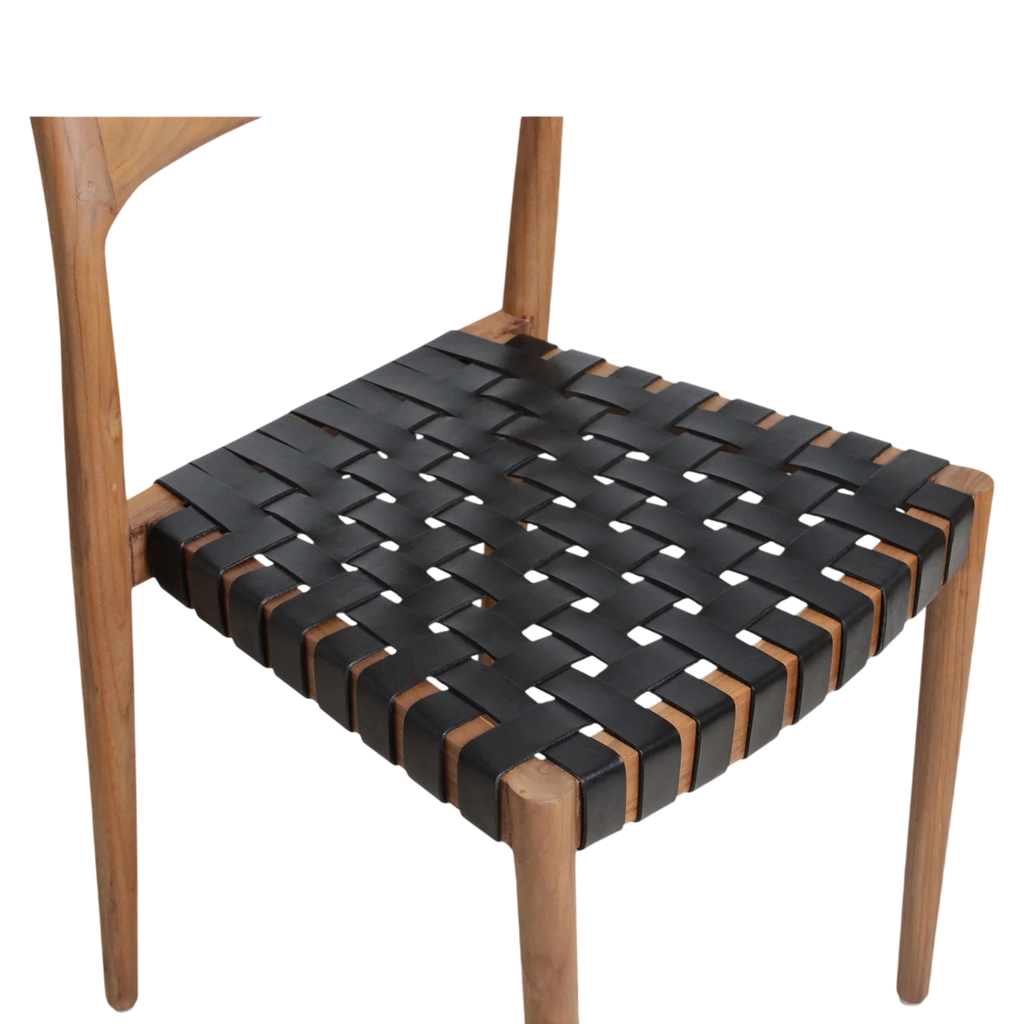 Chaise en teck avec assise tressée en cuir noir, lot de 2 pour salle à manger