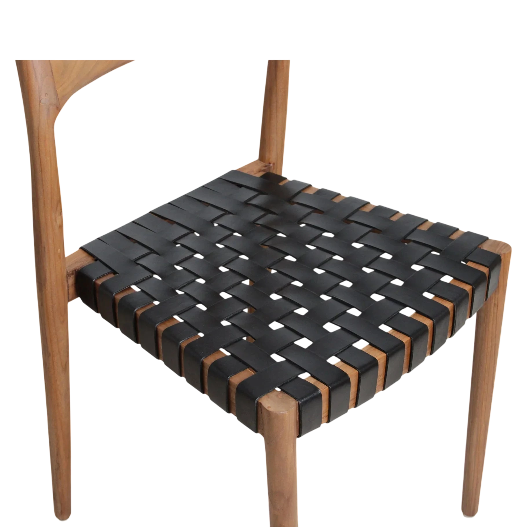 Chaise en teck avec assise tressée en cuir noir, lot de 2 pour salle à manger