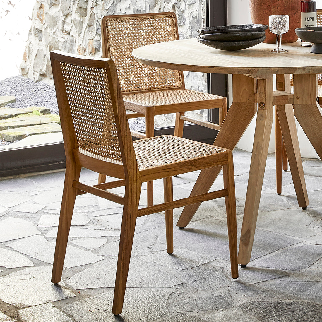 Chaise en teck et cannage naturel pour salle à manger – Lot de 2