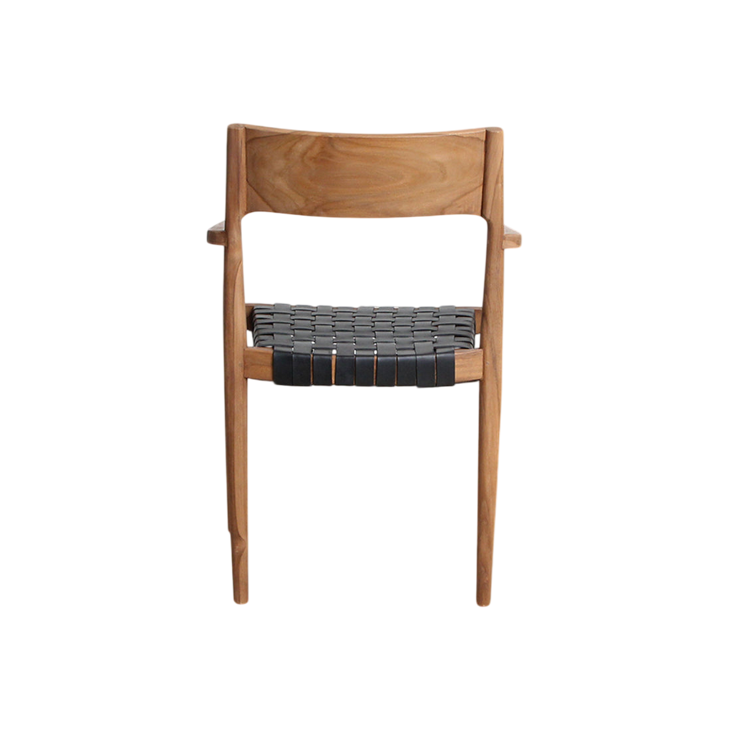 Chaise en teck et cuir noir avec accoudoirs tressés – Lot de 2