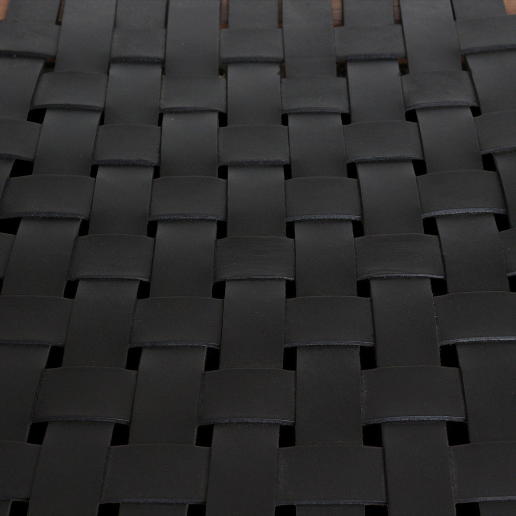 Chaise en teck et cuir noir avec accoudoirs tressés – Lot de 2