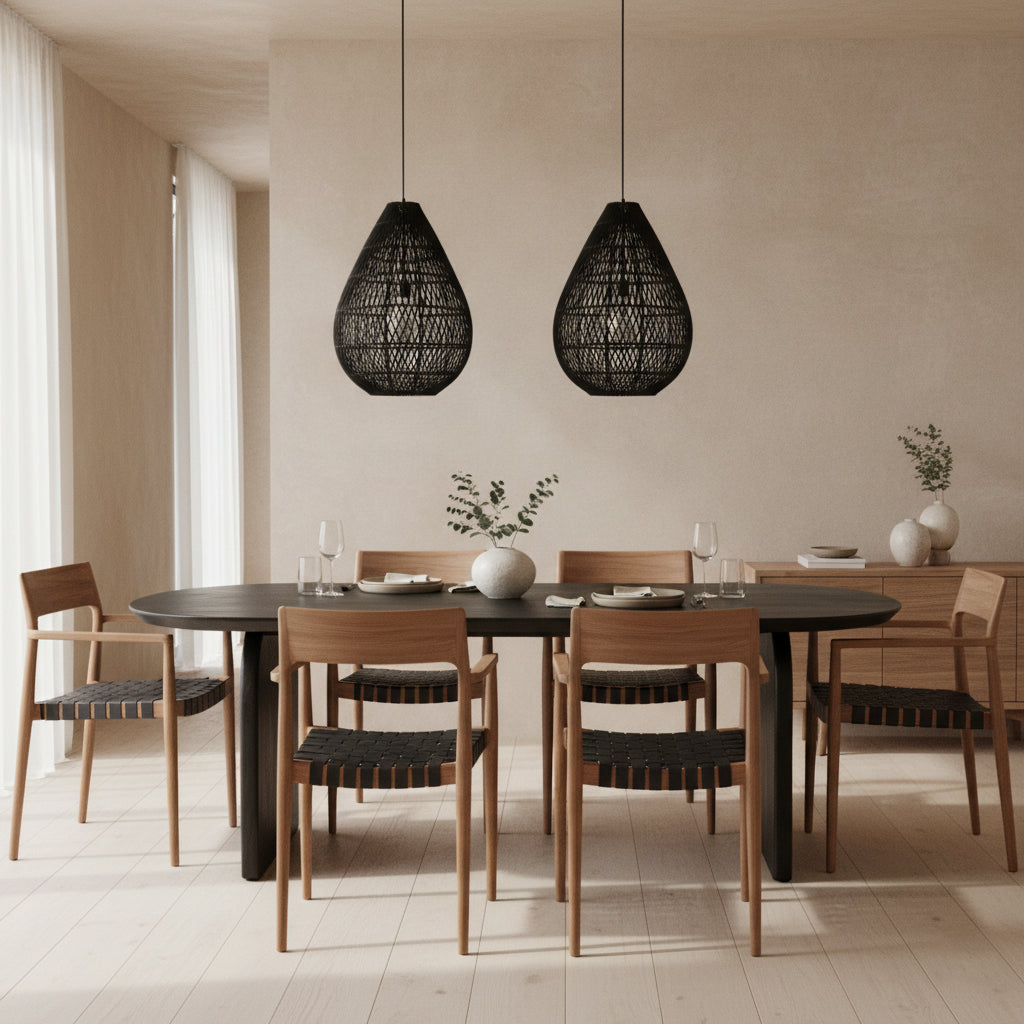 Chaise en teck et cuir noir avec accoudoirs tressés – Lot de 2