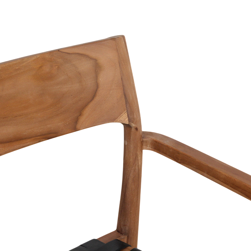 Chaise en teck et cuir noir avec accoudoirs tressés – Lot de 2