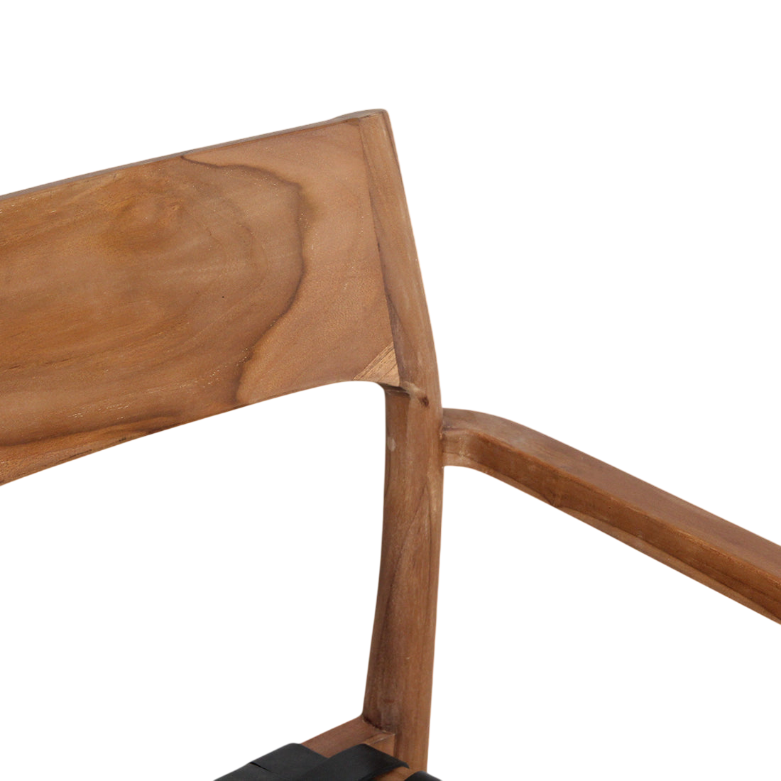 Chaise en teck et cuir noir avec accoudoirs tressés – Lot de 2